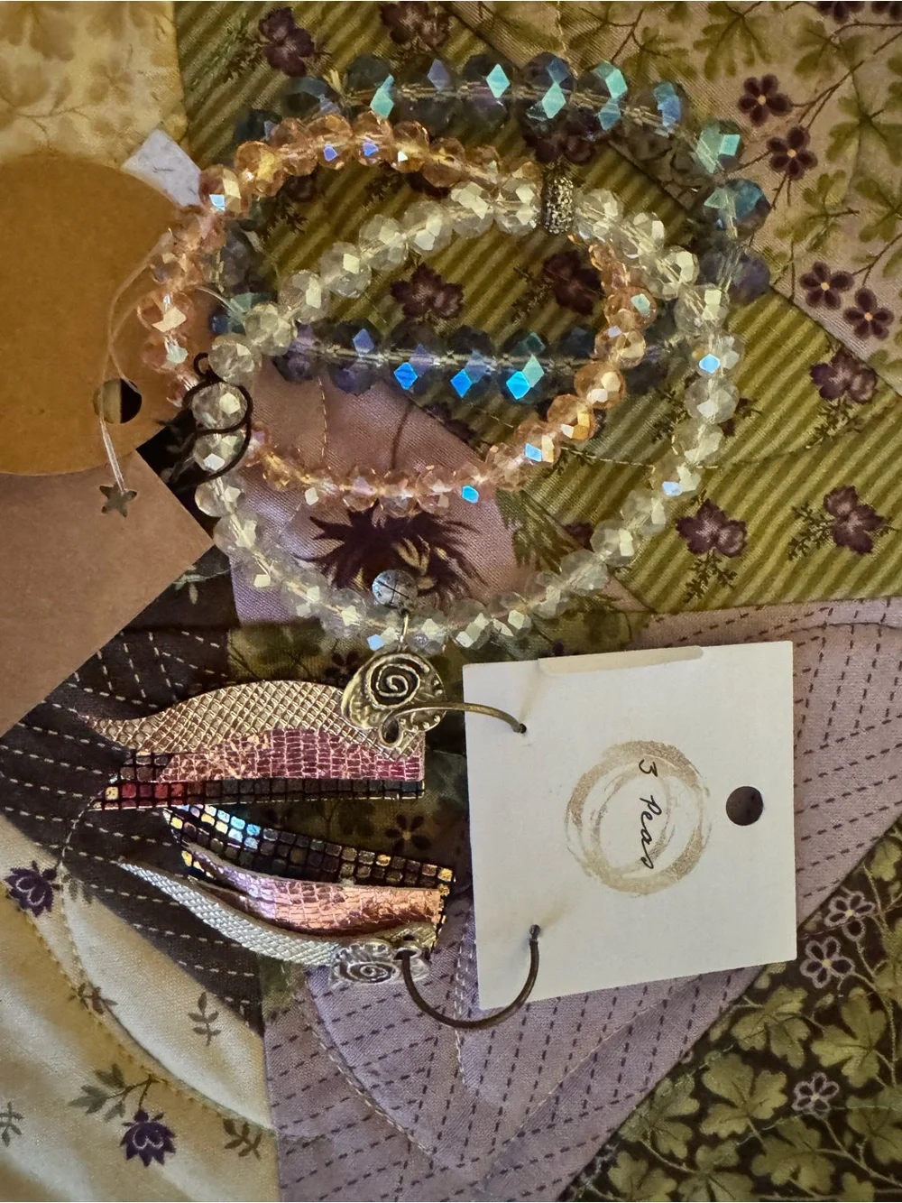 3-Piece Women's Beaded Bracelet Set in Champagne, Clear and Iridescent Blue